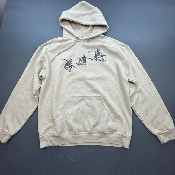 Skeleton Skateboard Hoodie Men's Medium Beige Graphic Pullover Bowery Supply - Picture 1 of 12